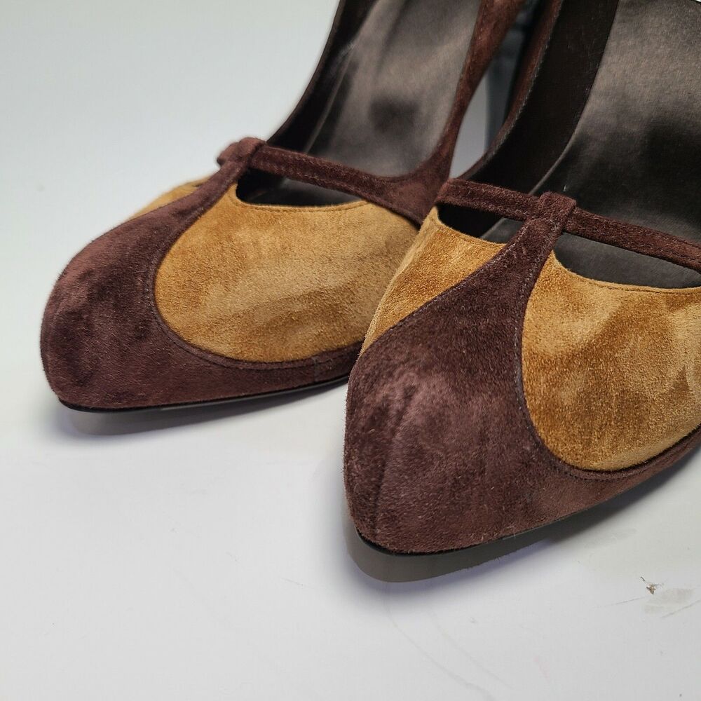 Roger Vivier women heels Pump Paris 2-tone brown Leather suede sz 37.5 7.5 new - Picture 7 of 10
